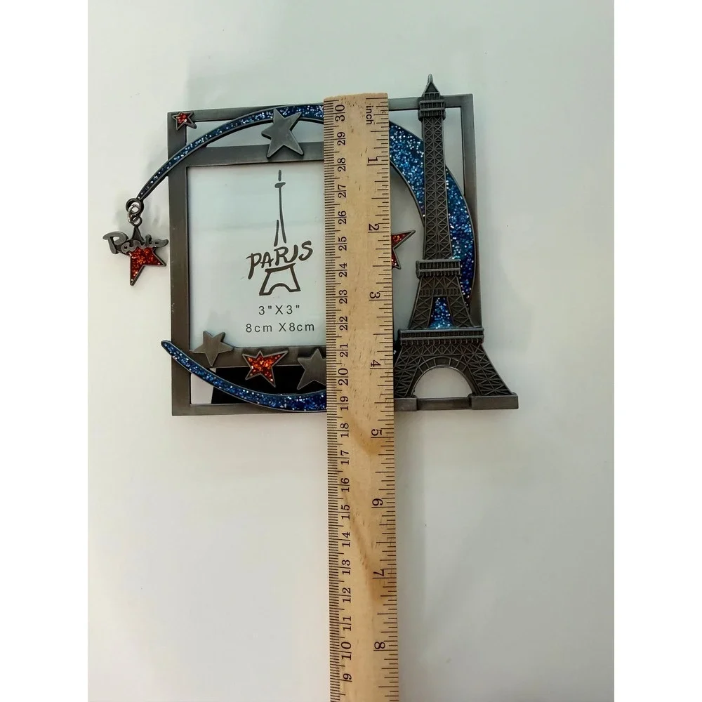 Paris Eiffel Tower Picture Frame Metal 3x3 Blue Glitter Star Souvenir Decor